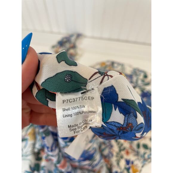 Parker Silk Cold Shoulder Floral Midi Dress Womens Size M Blue Asymmetrical - Picture 6 of 8